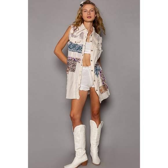 POL Cream Patchwork & Lace Gauze Button Front Vest Dress - Picture 6 of 12